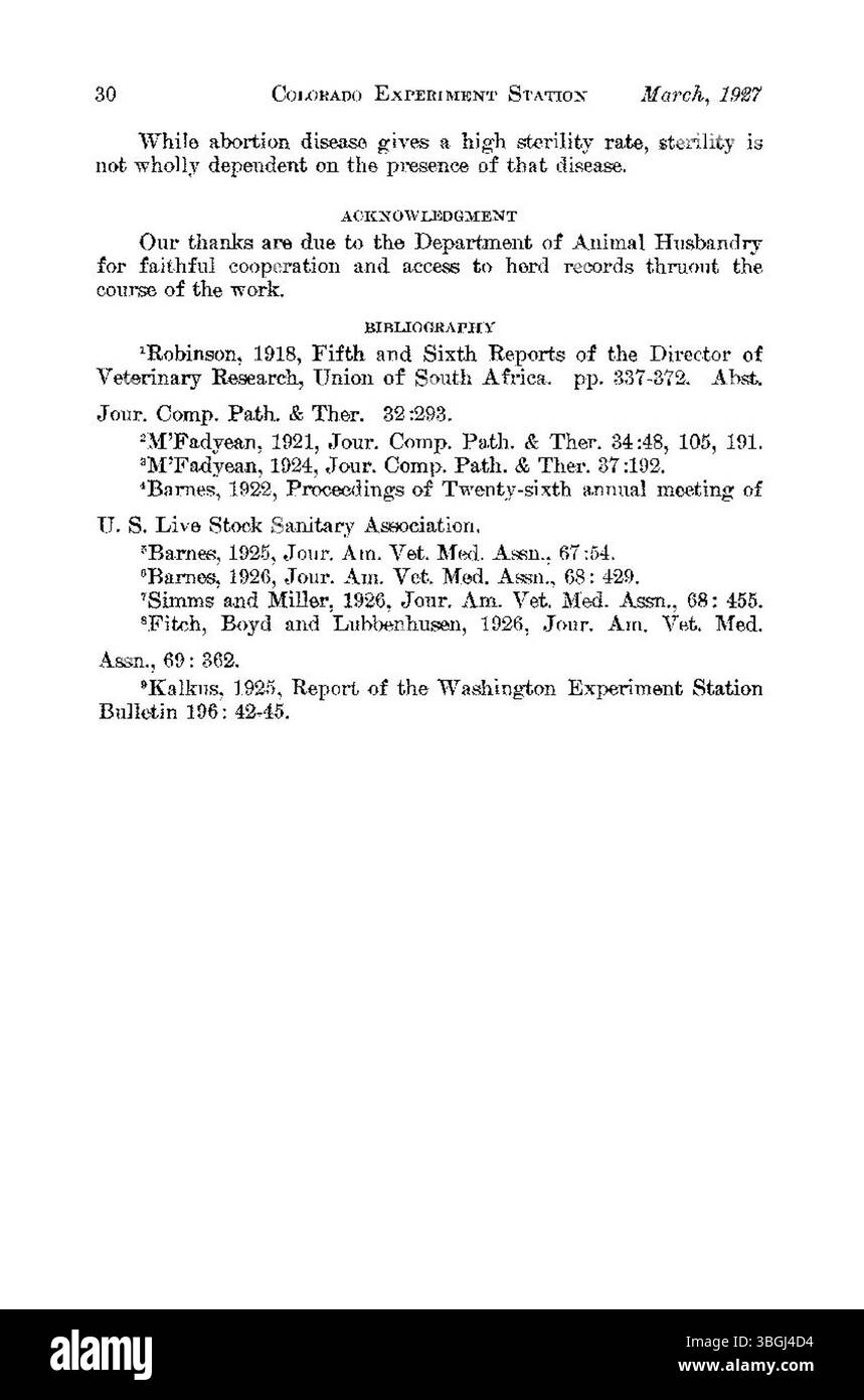 Questo documento del marzo 1927 discute i metodi per controllare la malattia abortiva nel bestiame attraverso esami del sangue e segregazione, sottolineando l'importanza delle pratiche veterinarie nella prevenzione delle malattie. Foto Stock