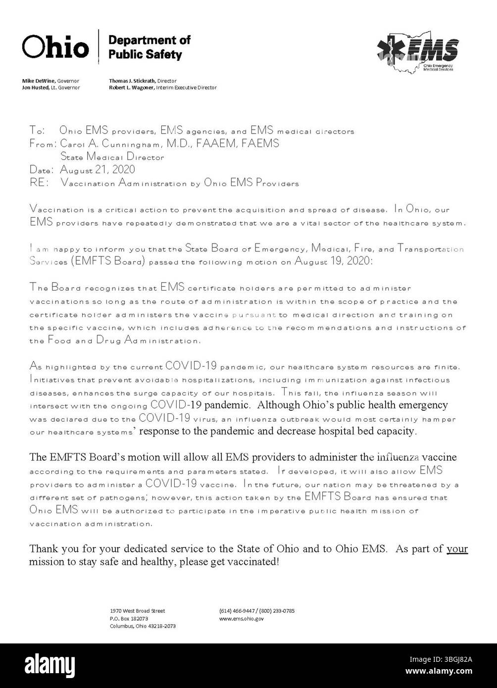 Pubblicato il 21 agosto 2020, questo documento fornisce orientamenti sui protocolli di somministrazione delle vaccinazioni per i fornitori e le agenzie EMS dell'Ohio durante la pandemia di COVID-19. Foto Stock