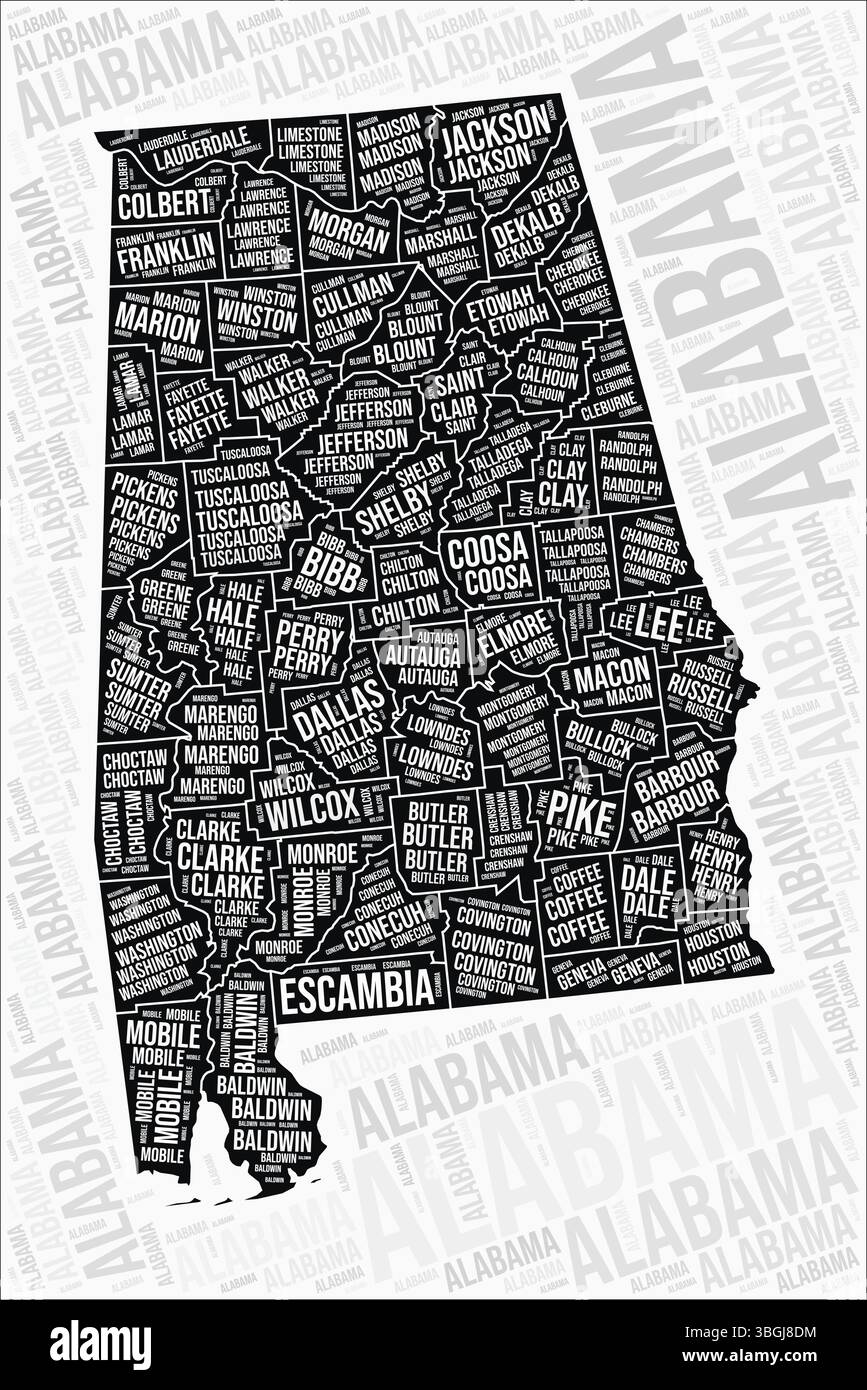 Le contee dell'Alabama mappano la nuvola di parole. Nomi delle regioni dell'Alabama. Design della mappa in bianco e nero. Bella illustrazione vettoriale. Illustrazione Vettoriale