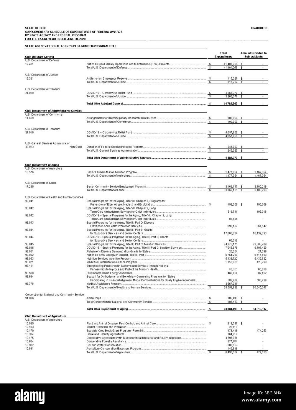 Questo programma supplementare, che copre l'anno fiscale 2020, descrive in dettaglio le spese dei premi federali da parte delle agenzie e dei programmi statali dell'Ohio. Fornisce una ripartizione dell'utilizzo dei fondi federali da parte di ogni agenzia, essenziale per la trasparenza finanziaria e la responsabilità. Foto Stock