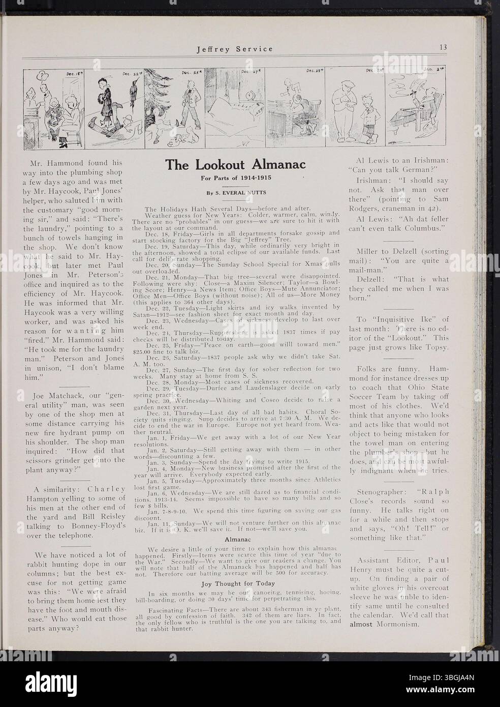 La newsletter Jeffrey Service di 1914-1915 tratta gli aggiornamenti dell'azienda, le attività dei dipendenti e gli eventi sociali. Include anche articoli sulle attrezzature minerarie, insieme alle notizie dei dipendenti che si arruolano nella prima guerra mondiale Foto Stock