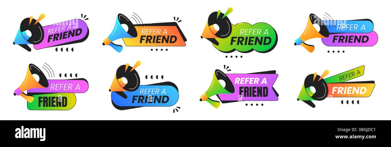 Segnala a un amico il set di vettori di badge. Adesivi del programma di segnalazione dei dipendenti. Icone colorate con megafono. Etichette di design di marketing, cartelli pubblicitari per raccomandazioni o rete aziendale Illustrazione Vettoriale