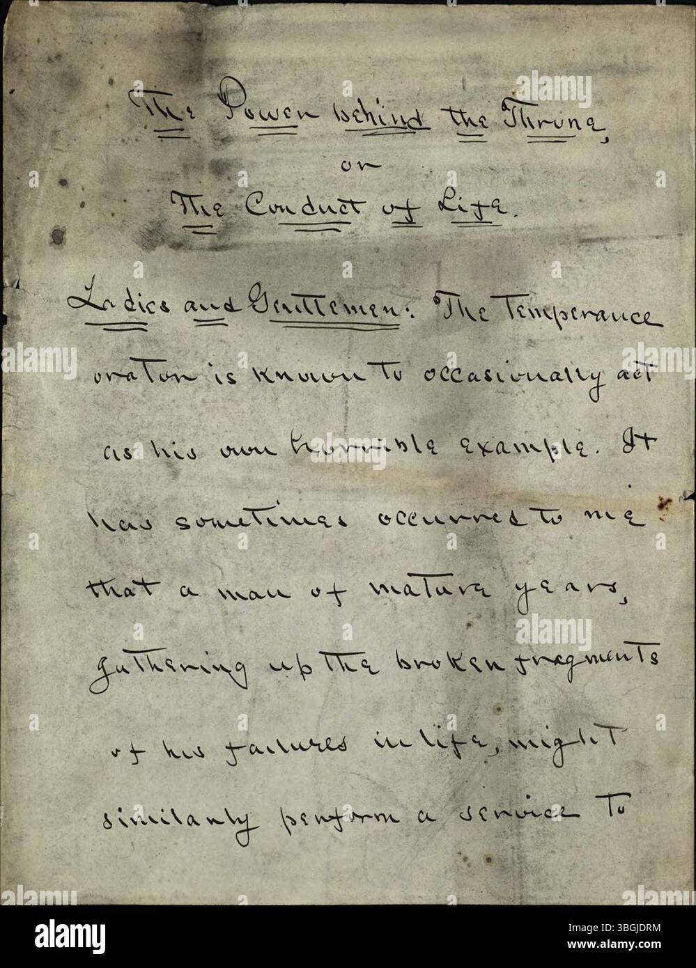 Un manoscritto scritto intitolato "Power Behind the Throne" di William Jackson Armstrong. Il lavoro discute l'influenza politica e le dinamiche di potere nella governance. Foto Stock