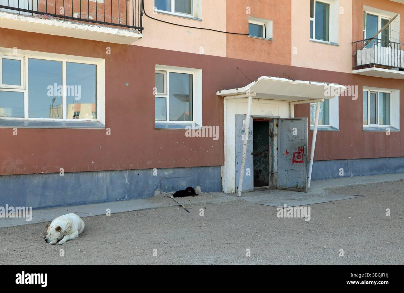 Blocco di appartamenti dell'era sovietica nella remota Mongolia Foto Stock