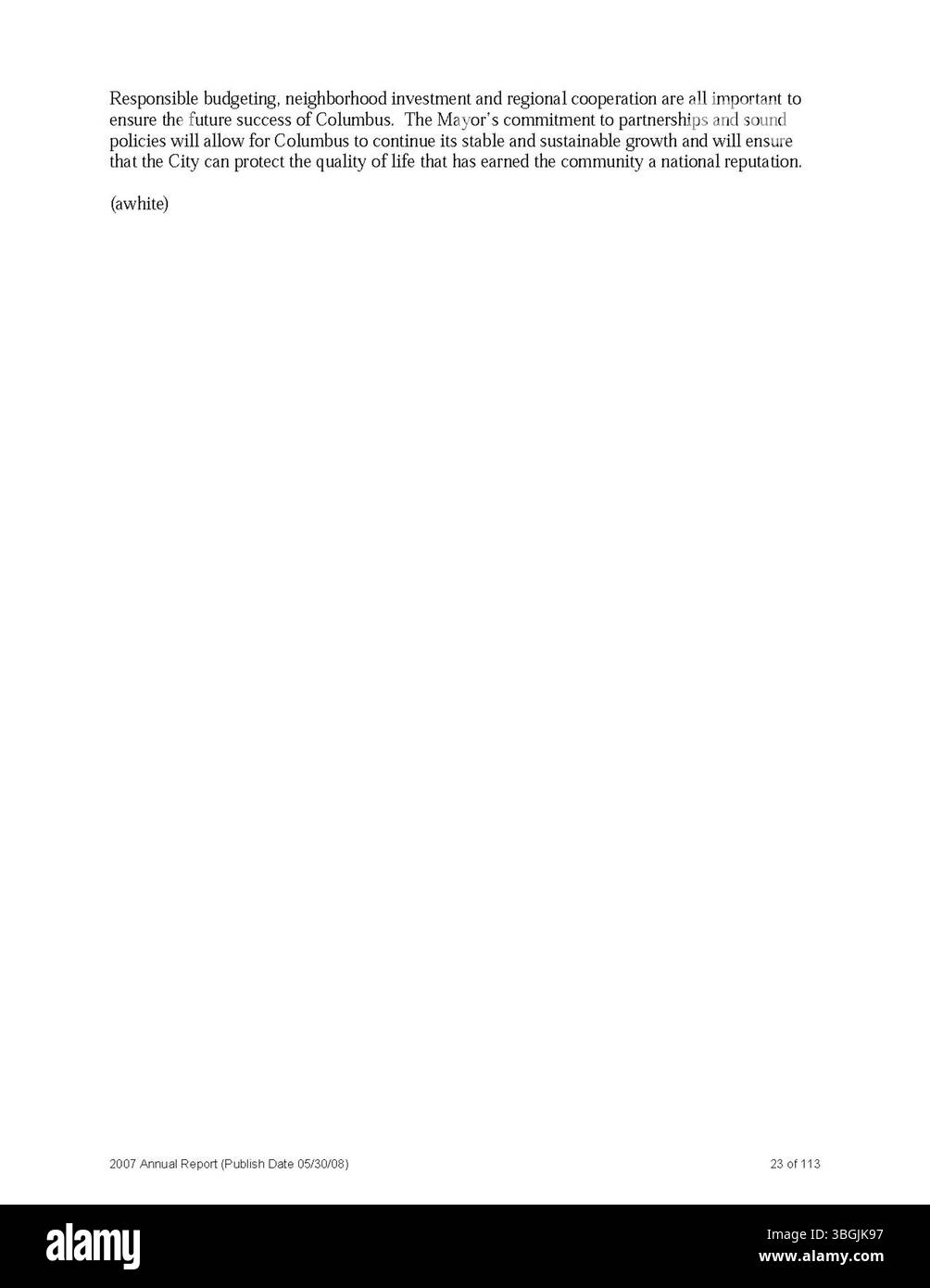 Il rapporto annuale della città di Columbus del 2007 fornisce una panoramica delle entrate e delle spese finanziarie della città per l'anno, compresi i rapporti dettagliati del comitato di modi e mezzi, del funzionario e del tesoriere della città per quanto riguarda le operazioni fiscali e il bilancio della città. Foto Stock