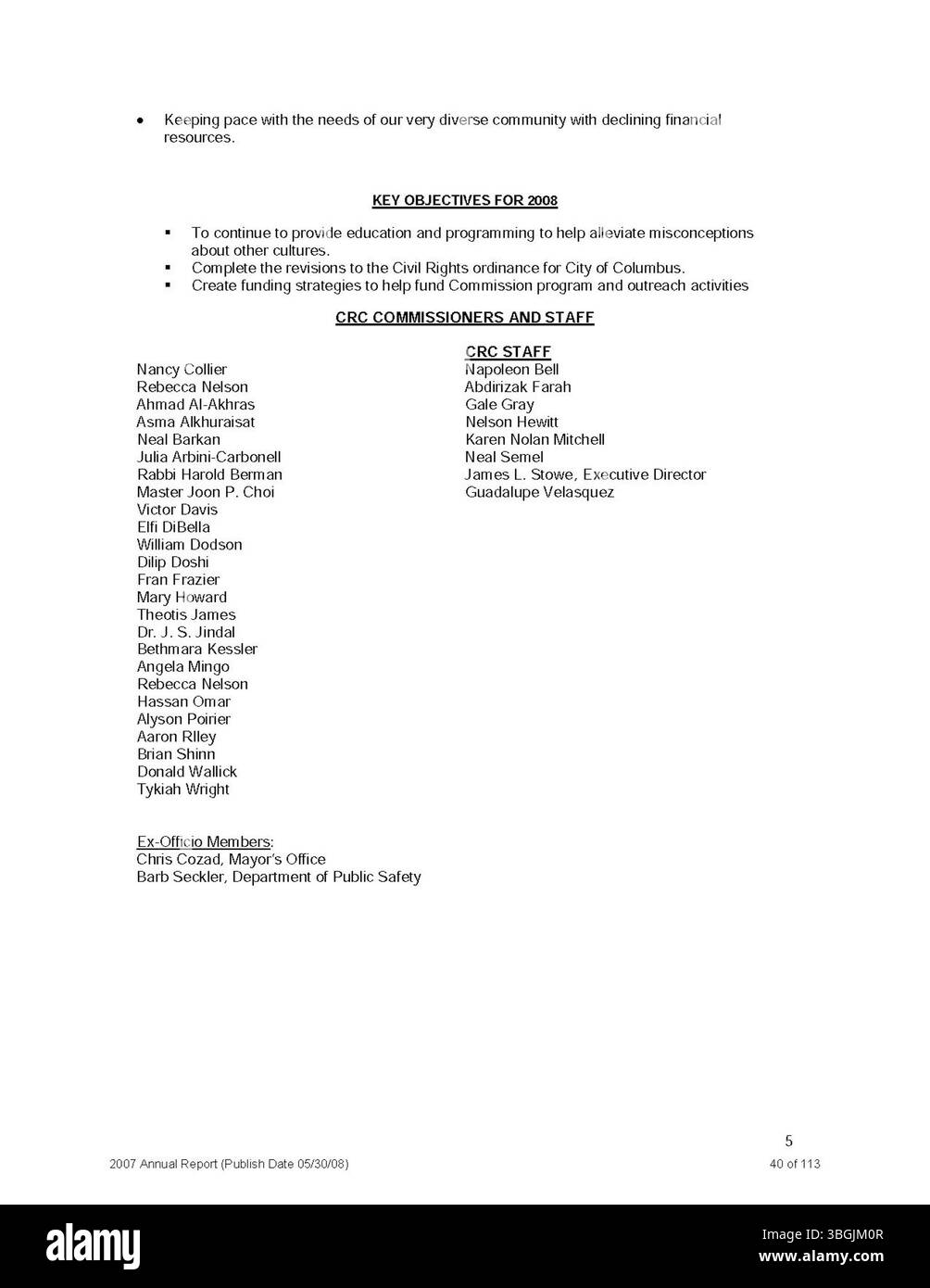 Il rapporto annuale della città di Columbus del 2007 presenta un'analisi delle attività fiscali della città, che copre entrate e spese. Include relazioni del comitato dei modi e dei mezzi, del City Clerk e del City Treasurer, che forniscono informazioni sullo stato finanziario della città per l'anno. Foto Stock