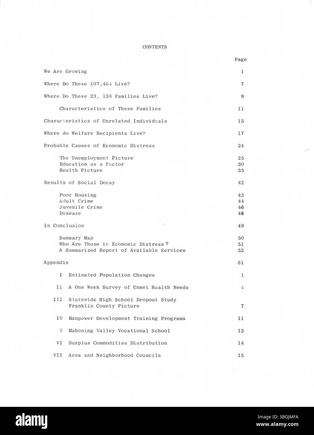 Questo studio del 1964, preparato dal Consiglio della Comunità Unita, mira a identificare i problemi causati dalla povertà, dagli alloggi poveri, dall'istruzione limitata e dalle cure mediche insufficienti a Columbus, Ohio, e nella contea di Franklin. Rappresenta la prima fase di un programma a lungo termine per affrontare tali questioni. Foto Stock