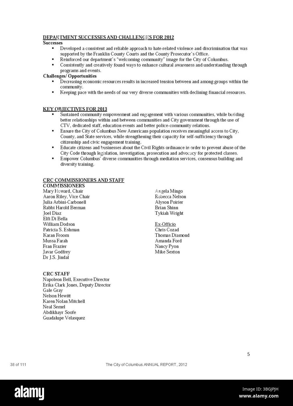 Il rapporto annuale della città di Columbus del 2012 include dati completi sulle entrate e le spese finanziarie della città, insieme ai rapporti del comitato Ways and Means, del City Clerk e del City Treasurer, che valutano l'anno fiscale della città. Foto Stock