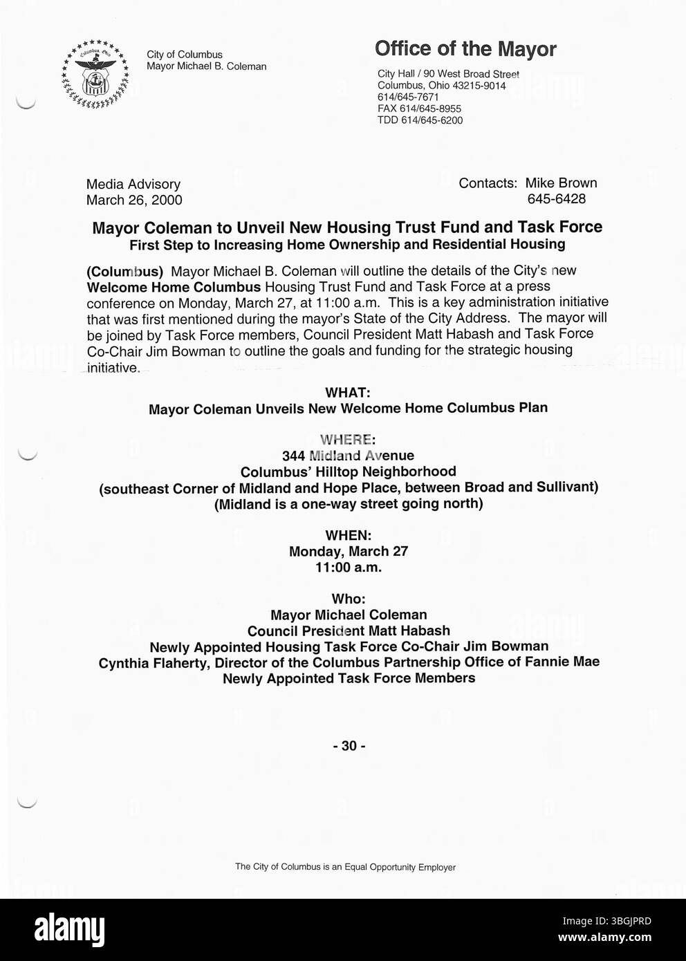 Comunicati stampa emessi dall'ufficio di Michael Coleman nel 2000. Come primo sindaco afroamericano di Columbus, Coleman ebbe un mandato di quattro anni, concentrandosi sulla crescita della città e sulle iniziative politiche. È stato il sindaco più longevo nella storia della città. Foto Stock