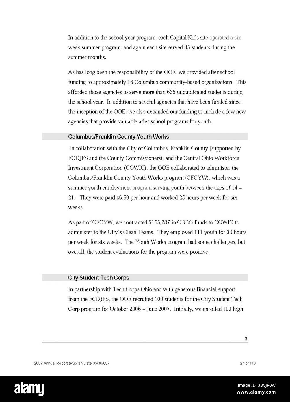 Il rapporto annuale 2007 per Columbus delinea le finanze a livello di città, comprese le ricevute raccolte e le spese registrate dal City Clerk e dal City Treasurer. Foto Stock