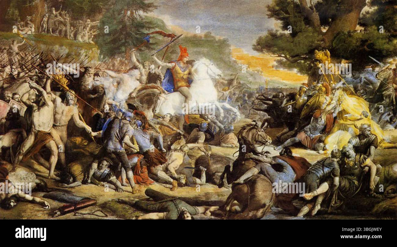 BATTAGLIA DELLA FORESTA DI TEUTOBURGO 9 settembre, 9 d.C. tra tribù germaniche e legionari romani nel quadro romanticizzato del 1864 di Germälde Gunkel Foto Stock