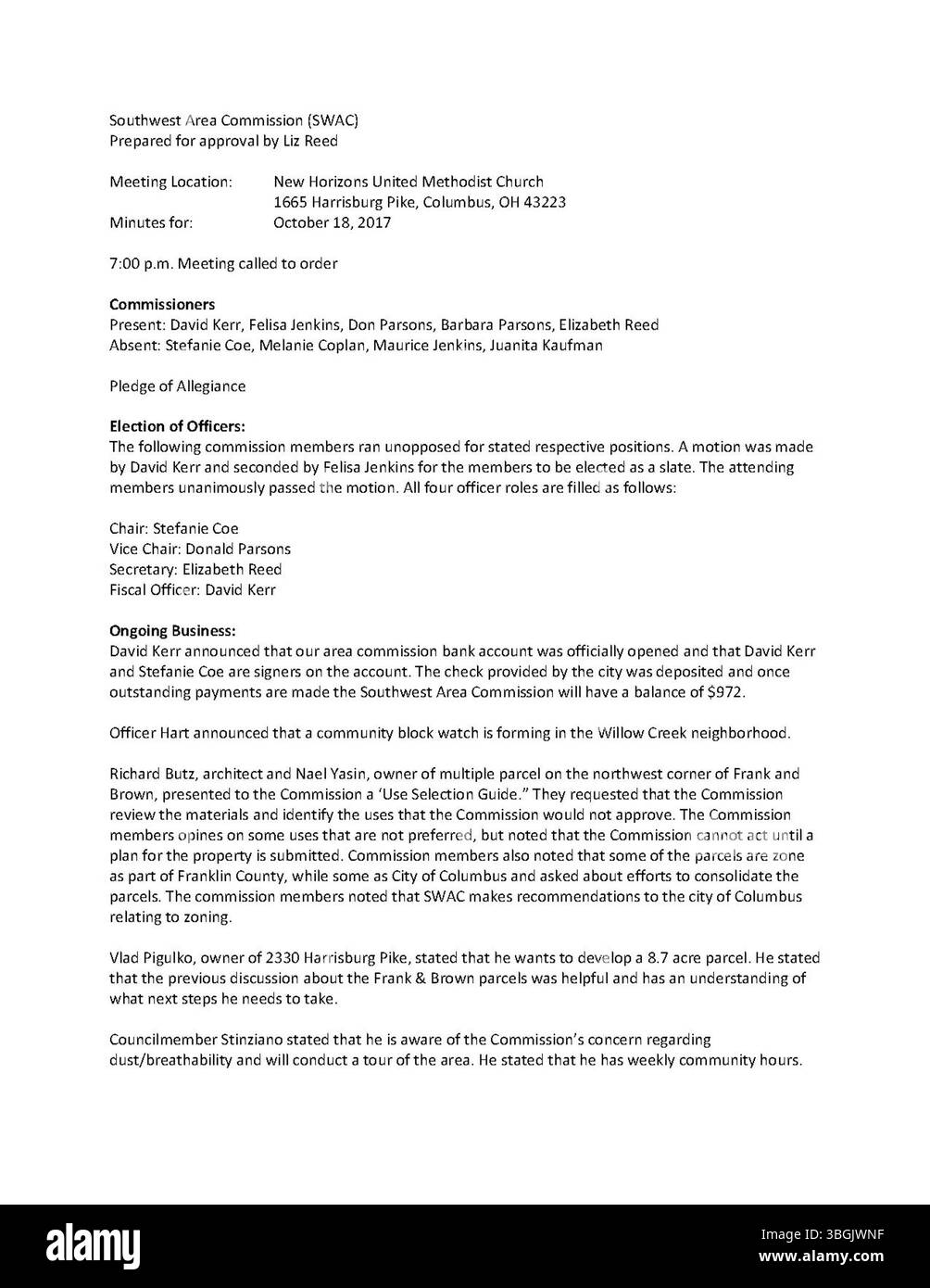 I 2017 minuti di ottobre della Southwest area Commission illustrano il lavoro della commissione per promuovere la comunicazione tra i funzionari della città di Columbus, i rappresentanti del quartiere e gli sviluppatori. la commissione si riunisce il terzo mercoledì di ogni mese alle 1665 Harrisburg Pike, coprendo le aree da Mound St./Greenlawn Ave. A CSX Railroad e i-270. Foto Stock