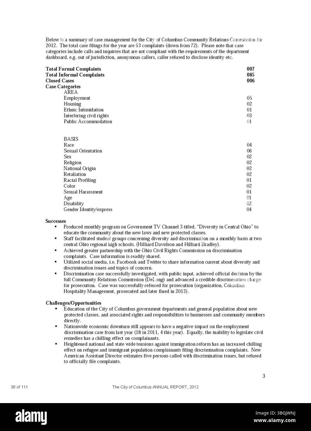 Il rapporto annuale della città di Columbus del 2012 fornisce una panoramica delle entrate e delle spese finanziarie della città, con rapporti dettagliati dal comitato dei modi e dei mezzi, dal City Clerk e dal City Treasurer, concentrandosi sulla salute fiscale della città. Foto Stock