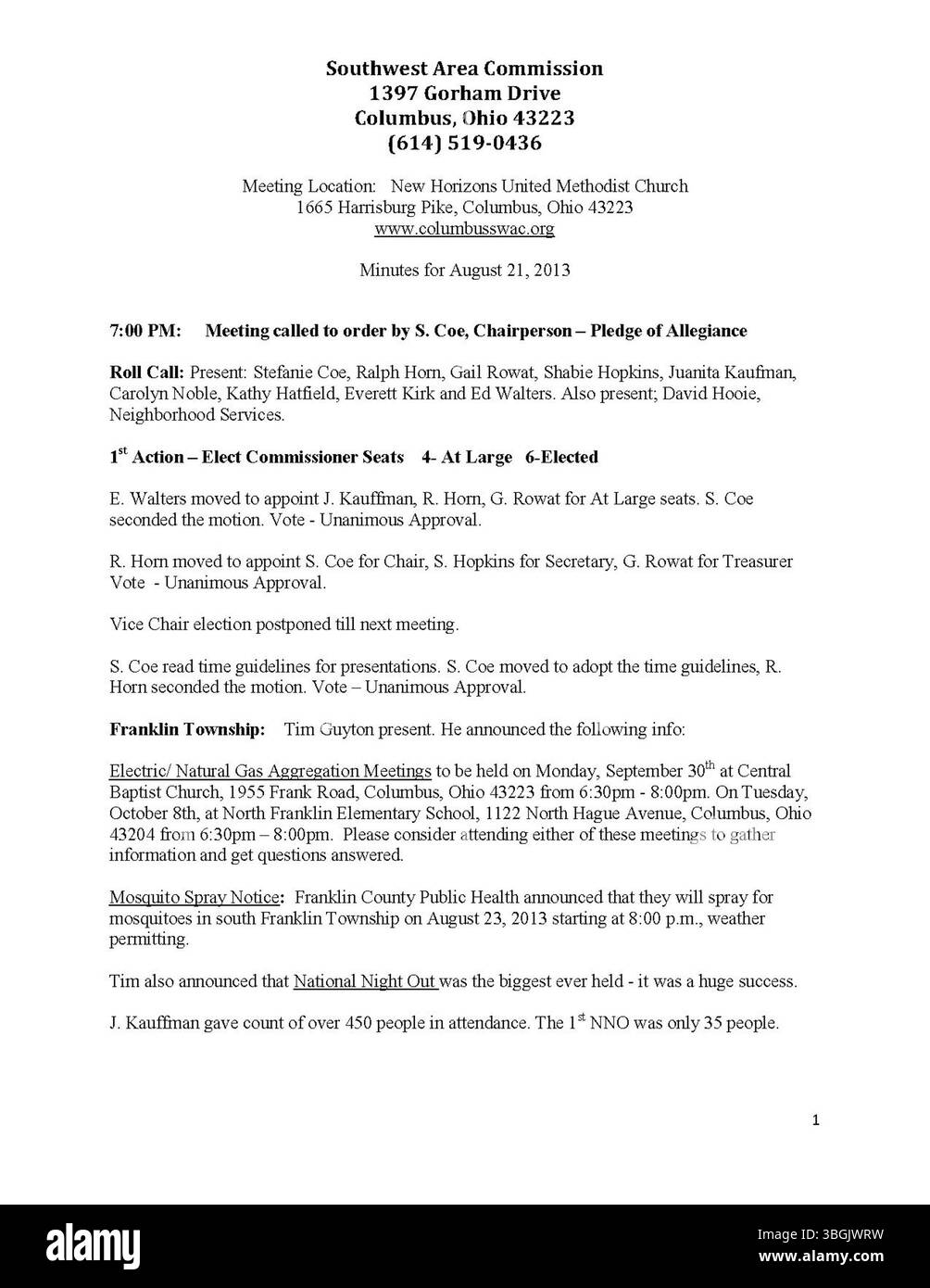 I verbali della Southwest area Commission del 2013 forniscono un resoconto delle discussioni tra i cittadini volontari che fungono da consiglieri dell'amministrazione e del Consiglio comunale della città di Columbus. La Commissione promuove la collaborazione tra gruppi locali, funzionari e sviluppatori. Le riunioni si tengono il terzo mercoledì di ogni mese presso il municipio di Harrisburg Pike, con confini che spaziano da Mound St. Alla CSX Railroad. Foto Stock