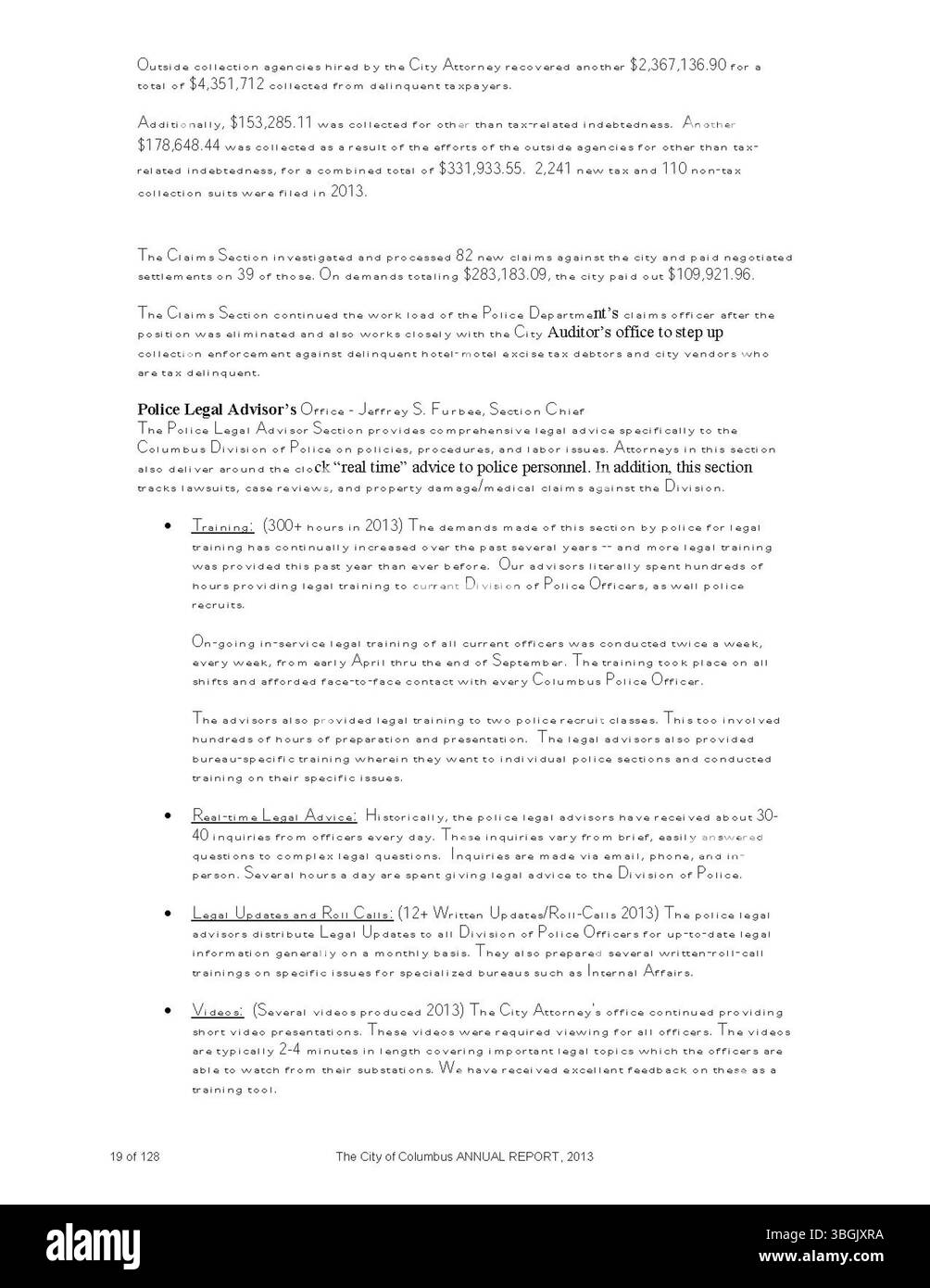Questa parte del rapporto annuale della città di Columbus del 2013 fornisce dettagli sulle entrate e le spese della città, con rapporti completi del funzionario comunale, del tesoriere della città e del Comitato delle vie e dei mezzi. Il documento riflette la salute fiscale della città. Foto Stock