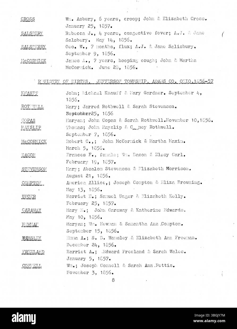 Il volume 1 della Adams County, Ohio Birth and Death Records copre l'anno che termina il 31 marzo 1857. Contiene informazioni importanti provenienti dalle township di Scott, Liberty, Jefferson e Franklin. Foto Stock