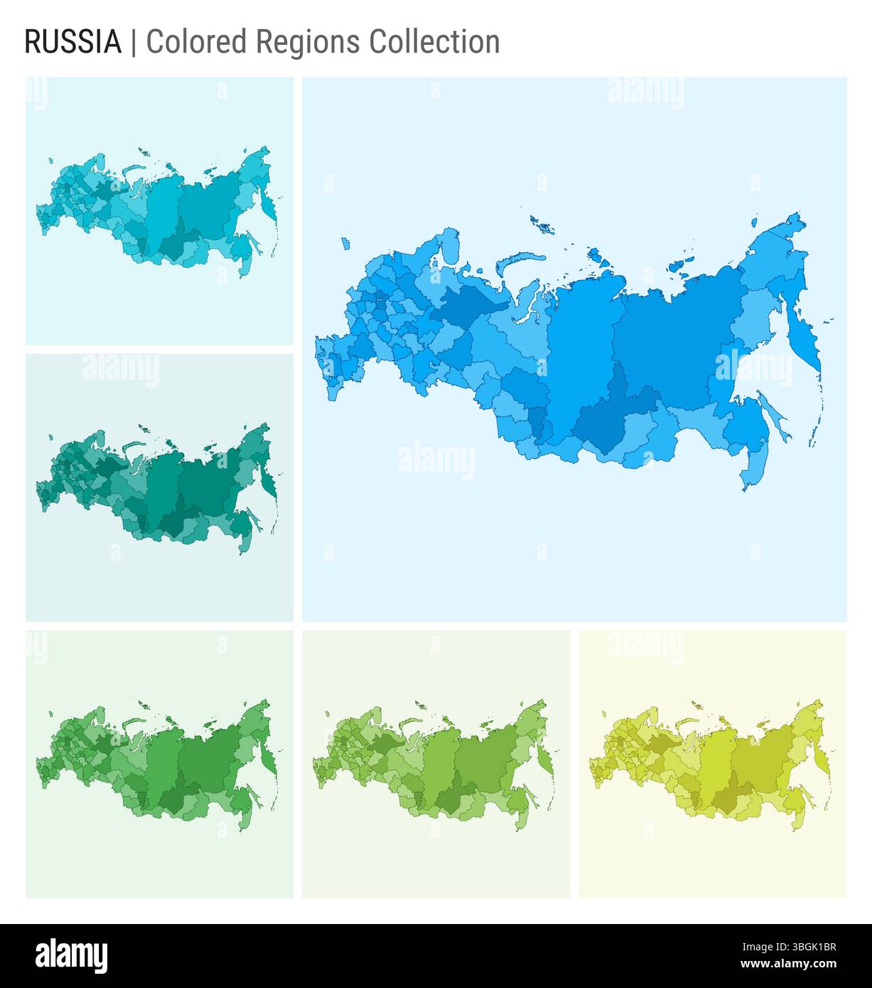 Collezione di mappe della Russia. Forma del paese con regioni colorate. Azzurro, ciano, verde, verde chiaro, tavolozze di colori lime. Illustrazione Vettoriale