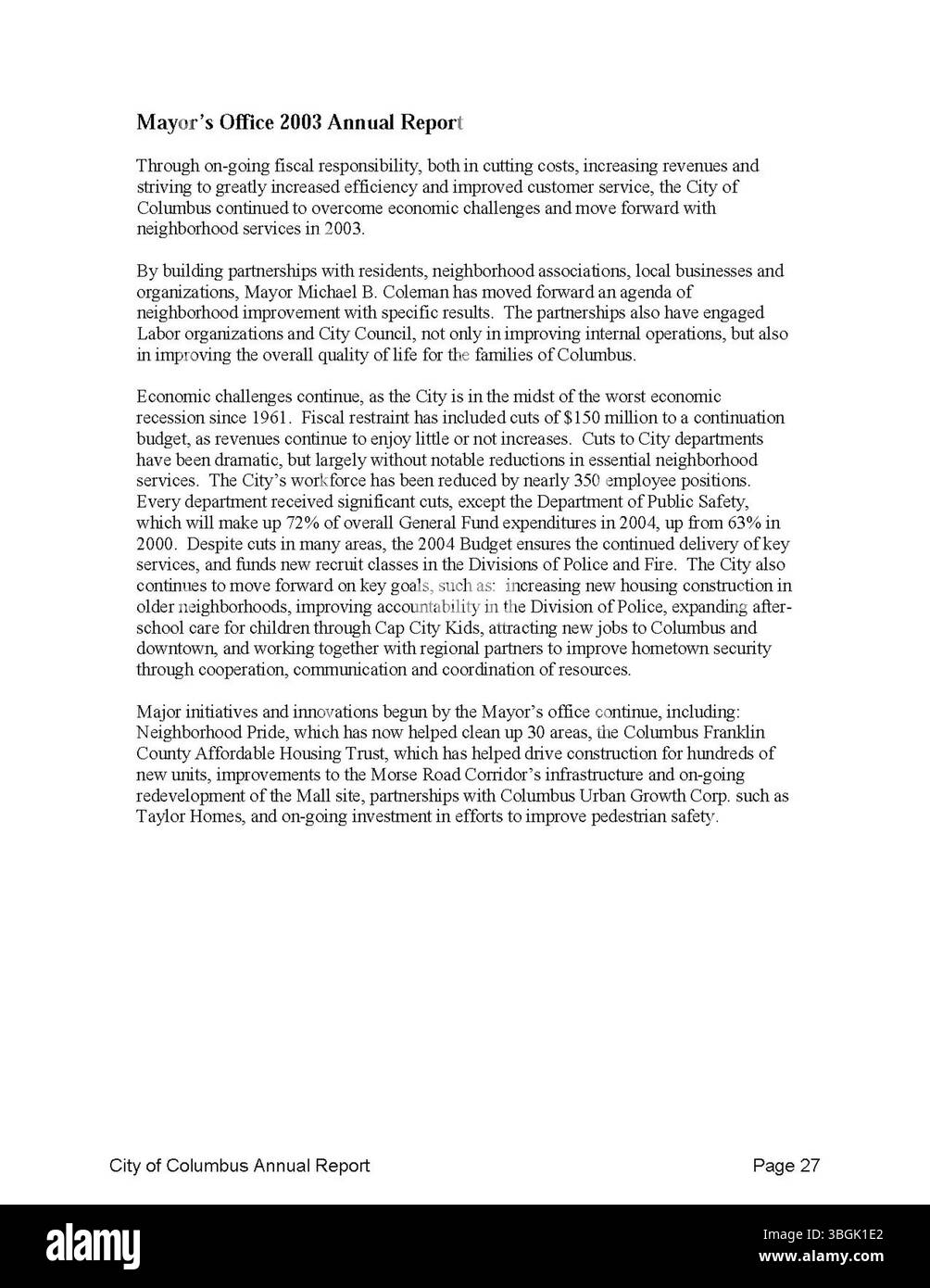 La pagina 39 del rapporto annuale 2003 include informazioni finanziarie per Columbus, rendiconti su entrate, spese e contributi da parte dei funzionari delle finanze cittadine. Foto Stock