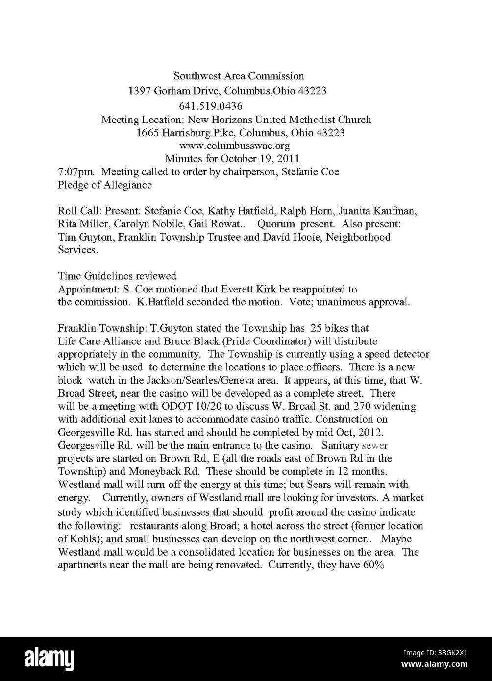 I verbali della Commissione dell’area sud-occidentale del 19 ottobre 2011 documentano il ruolo consultivo della commissione all’amministrazione e al Consiglio comunale della città di Columbus. Promuove la cooperazione tra gruppi di quartiere, funzionari cittadini e sviluppatori. La commissione si riunisce mensilmente presso il municipio, con confini da Mound St. E Greenlawn Ave. (Nord) al fiume Scioto (est), i-270 (sud) e CSX Railroad (ovest). Foto Stock