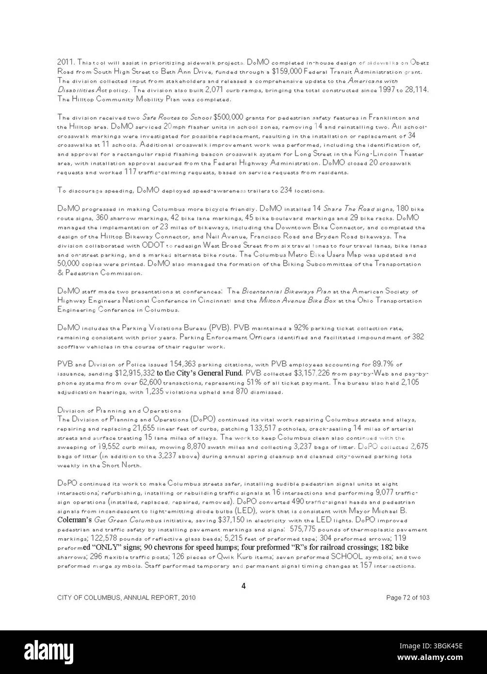 Questa sezione del Columbus Annual Report 2010 mette in evidenza le entrate e le spese 2009 della città, con rapporti dettagliati del Tesoriere cittadino, dell'impiegato cittadino e del Comitato delle vie e dei mezzi sulle prestazioni fiscali e sulla gestione del bilancio della città. Foto Stock