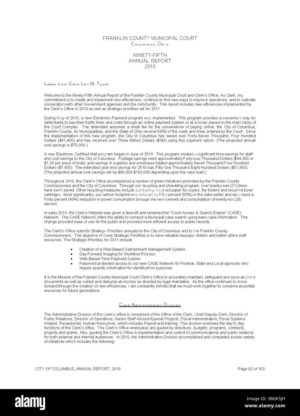 Il 2010 City of Columbus Annual Report esamina lo stato finanziario della città per il 2009, evidenziando le entrate e le spese. I rapporti del Committee of Ways and Means, del City Clerk e del City Treasurer forniscono dettagli essenziali sulle operazioni della città e sulle azioni fiscali. Foto Stock