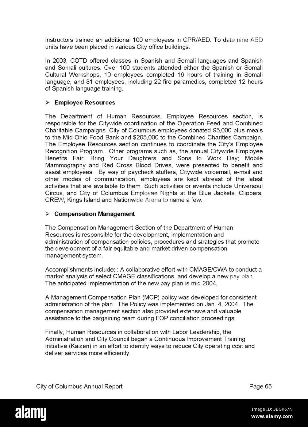 Il rapporto annuale della città di Columbus 2003 presenta una panoramica delle entrate e delle spese finanziarie della città per l'anno fiscale, con i rapporti del City Clerk, del tesoriere della città e del Comitato delle vie e dei mezzi. Foto Stock