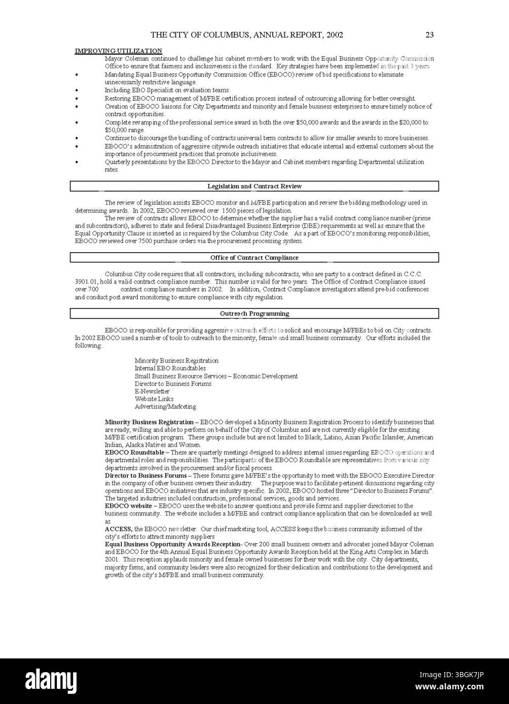 Il rapporto annuale della città di Columbus del 2002 fornisce una ripartizione dettagliata dello stato finanziario della città, con i rapporti del City Clerk, del City Treasurer e del Committee of Ways and Means su entrate, spese e supervisione fiscale. Foto Stock