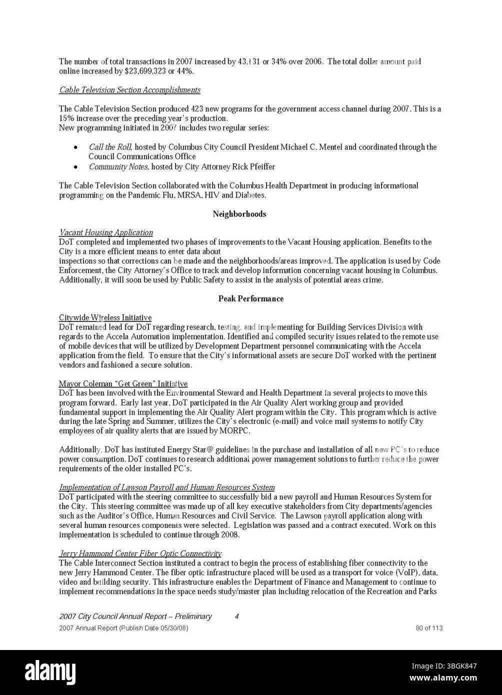 Il rapporto annuale della città di Columbus del 2007 descrive in dettaglio le entrate e le spese della città, fornendo relazioni dal Comitato delle vie e dei mezzi, dal funzionario della città e dal tesoriere della città. Offre una panoramica finanziaria delle attività fiscali della città durante l'anno. Foto Stock