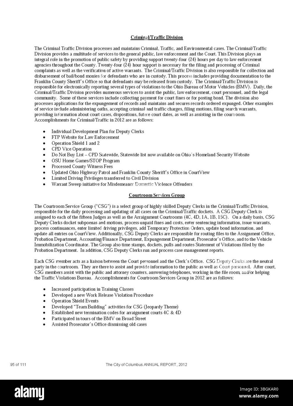 Questa pagina del 2012 City of Columbus Annual Report contiene resoconti dettagliati delle entrate e delle spese della città per l'anno. Include approfondimenti del Comitato delle vie e dei mezzi, del City Clerk e del Tesoriere della città sulle attività fiscali della città. Foto Stock