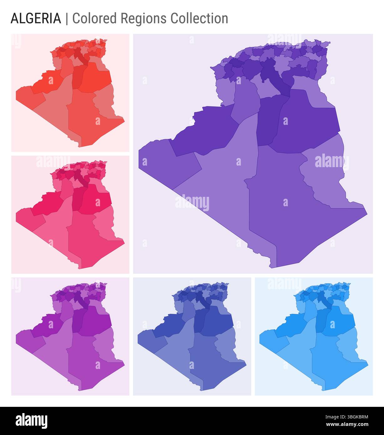 Collezione di mappe dell'Algeria. Forma del paese con regioni colorate. Viola intenso, rosso, rosa, viola, indaco, tavolozze di colore blu. Illustrazione Vettoriale