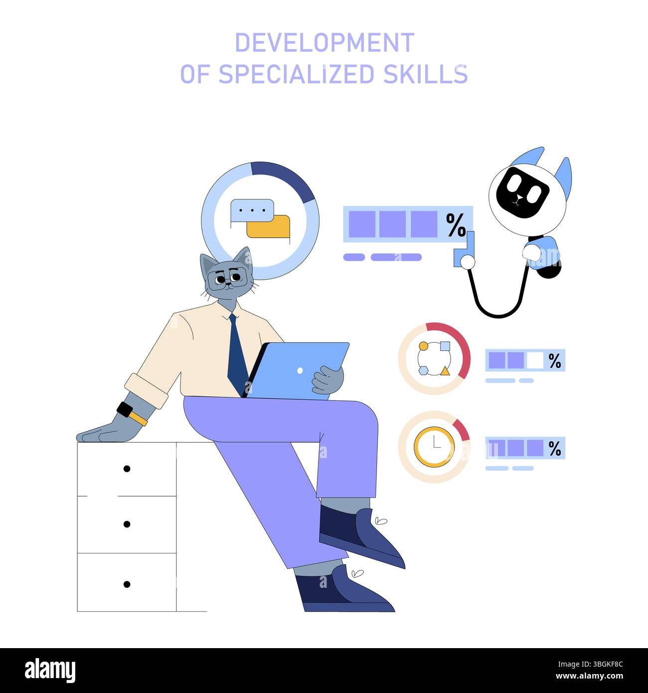 Miglioramento della produttività basato SULL'INTELLIGENZA ARTIFICIALE per le aziende di medie dimensioni illustrato con un carattere lupo nell'abbigliamento aziendale che analizza i dati su un notebook. Illustrazione Vettoriale