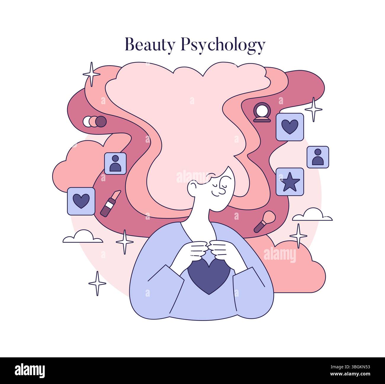 La psicologia della bellezza esplora le connessioni emotive che gli individui hanno con la bellezza, l'immagine di sé e il benessere. Mette in evidenza l'influenza degli standard sociali sulle percezioni personali e sulla salute mentale. Illustrazione vettoriale. Illustrazione Vettoriale