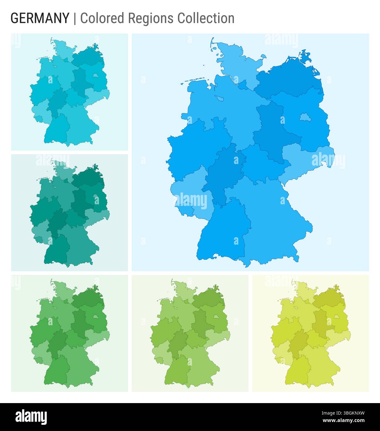 Raccolta mappe della Germania. Forma del paese con regioni colorate. Azzurro, ciano, verde, verde chiaro, tavolozze di colori lime. Illustrazione Vettoriale