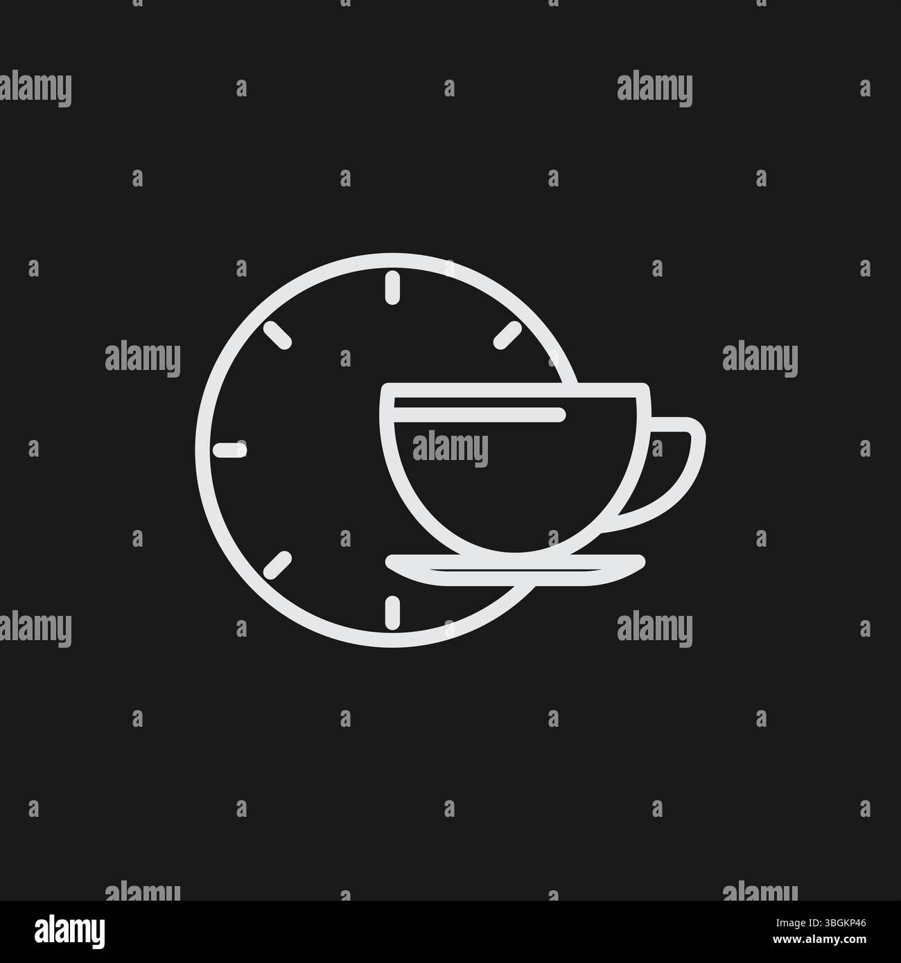 Tazza da caffè e orologio su sfondo nero, che rappresenta la pausa caffè o il tempo di ristoro, icona contorno bianco Illustrazione Vettoriale