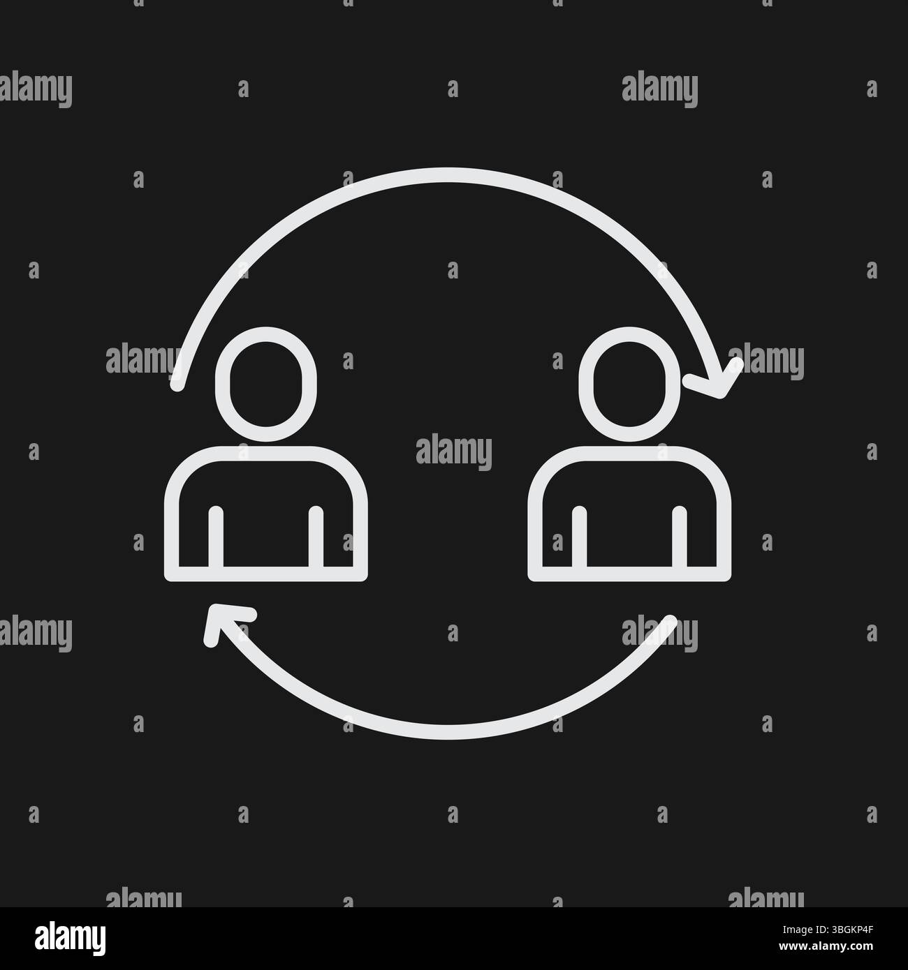 Due persone in uno scambio circolare con frecce, che rappresentano l'icona Team Synergy, Collaboration o Exchange, White Outline Illustrazione Vettoriale