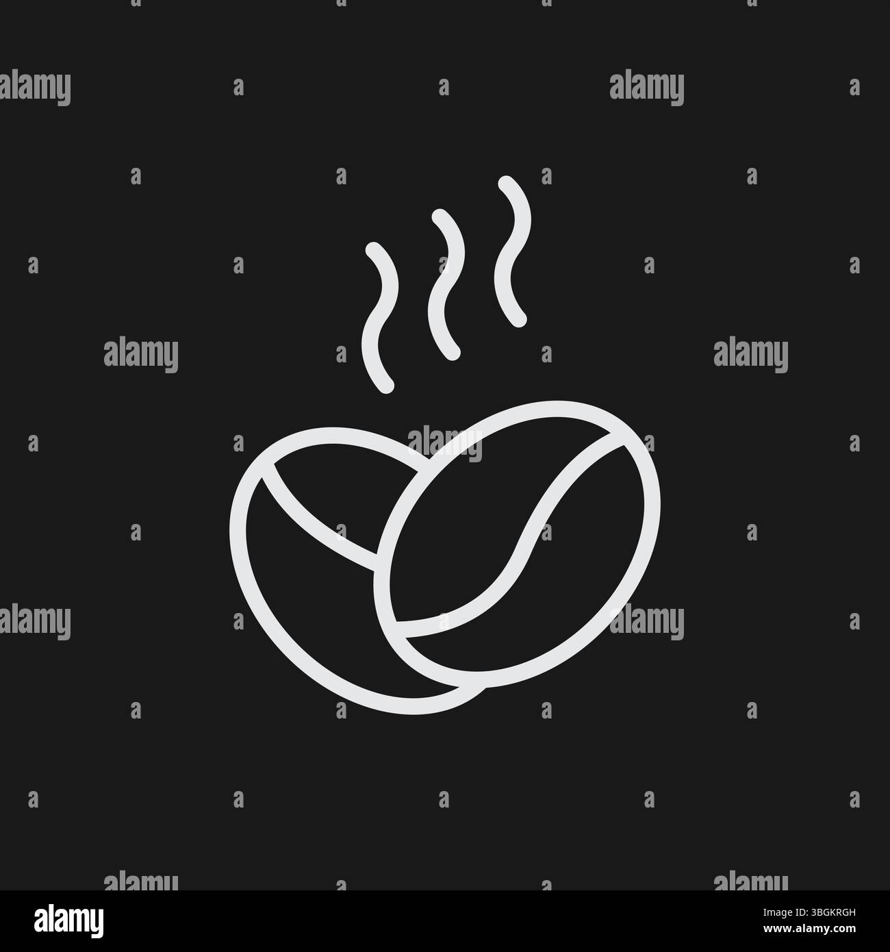 Due chicchi di caffè fumanti su sfondo nero, che rappresentano il caffè appena tostato o l'icona Aroma, contorno bianco Illustrazione Vettoriale