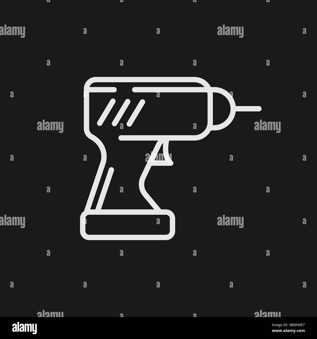 Trapano cordless o trapano elettrico su sfondo nero, che rappresenta l'utensile da costruzione o fai da te, icona White Outline Illustrazione Vettoriale