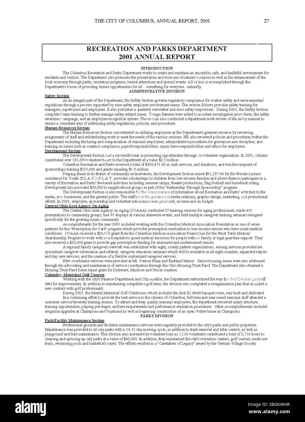 Il rapporto annuale 2001 di Columbus include dati fiscali dettagliati, compilati dal tesoriere della città, dall'impiegato e dal comitato Ways and Means. Foto Stock