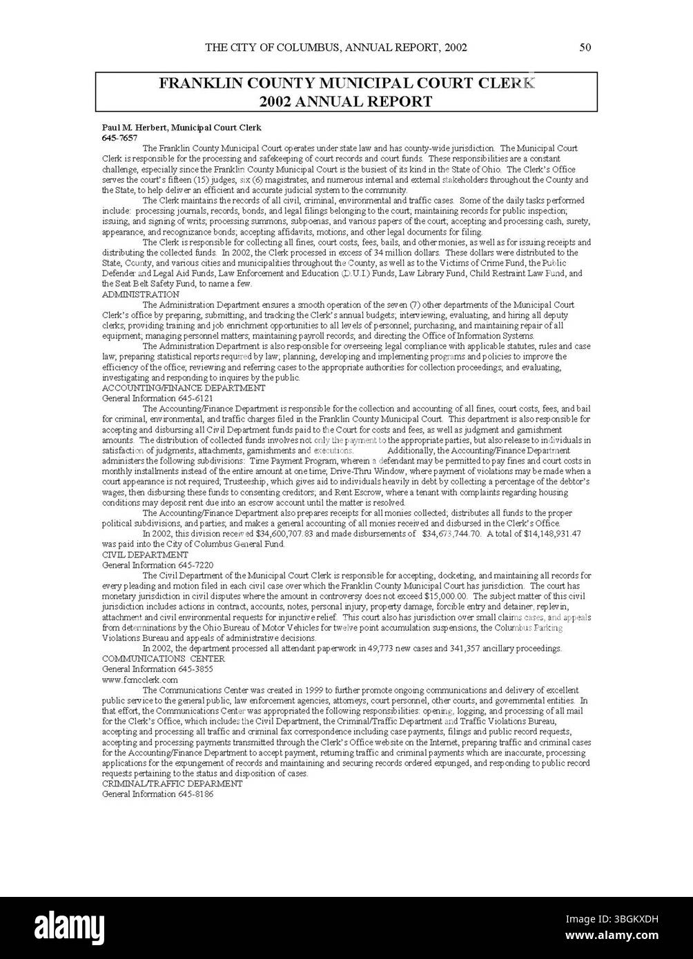 Il Columbus Annual Report 2002 include registrazioni dettagliate delle entrate e delle spese della città, offrendo trasparenza sulle sue operazioni finanziarie. Presenta relazioni del Committee of Ways and Means, del City Clerk e del City Treasurer sulle questioni fiscali e sulla supervisione del budget. Foto Stock