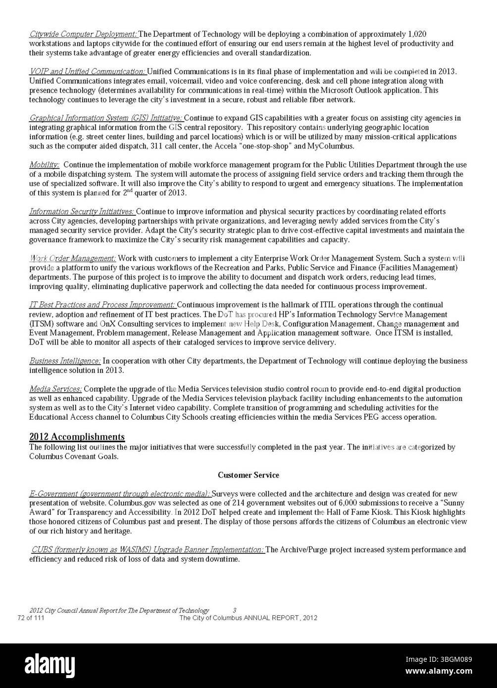 Il rapporto annuale della città di Columbus del 2012 fornisce resoconti dettagliati delle entrate e delle spese della città, insieme ai rapporti del comitato dei modi e dei mezzi, del City Clerk e del City Treasurer. Delinea le attività finanziarie e le relazioni fiscali ufficiali della città per l'anno. Foto Stock