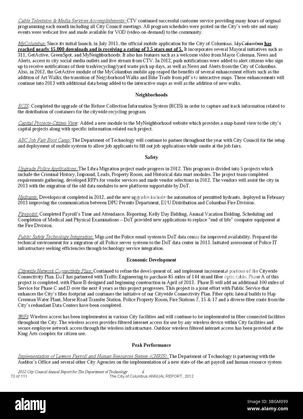 Il Columbus Annual Report 2012 presenta le entrate, le spese e i rapporti finanziari della città, comprese informazioni complete dal comitato dei modi e dei mezzi, dal City Clerk e dal tesoriere della città, descrivendo in dettaglio le attività fiscali e la spesa per il servizio pubblico. Foto Stock