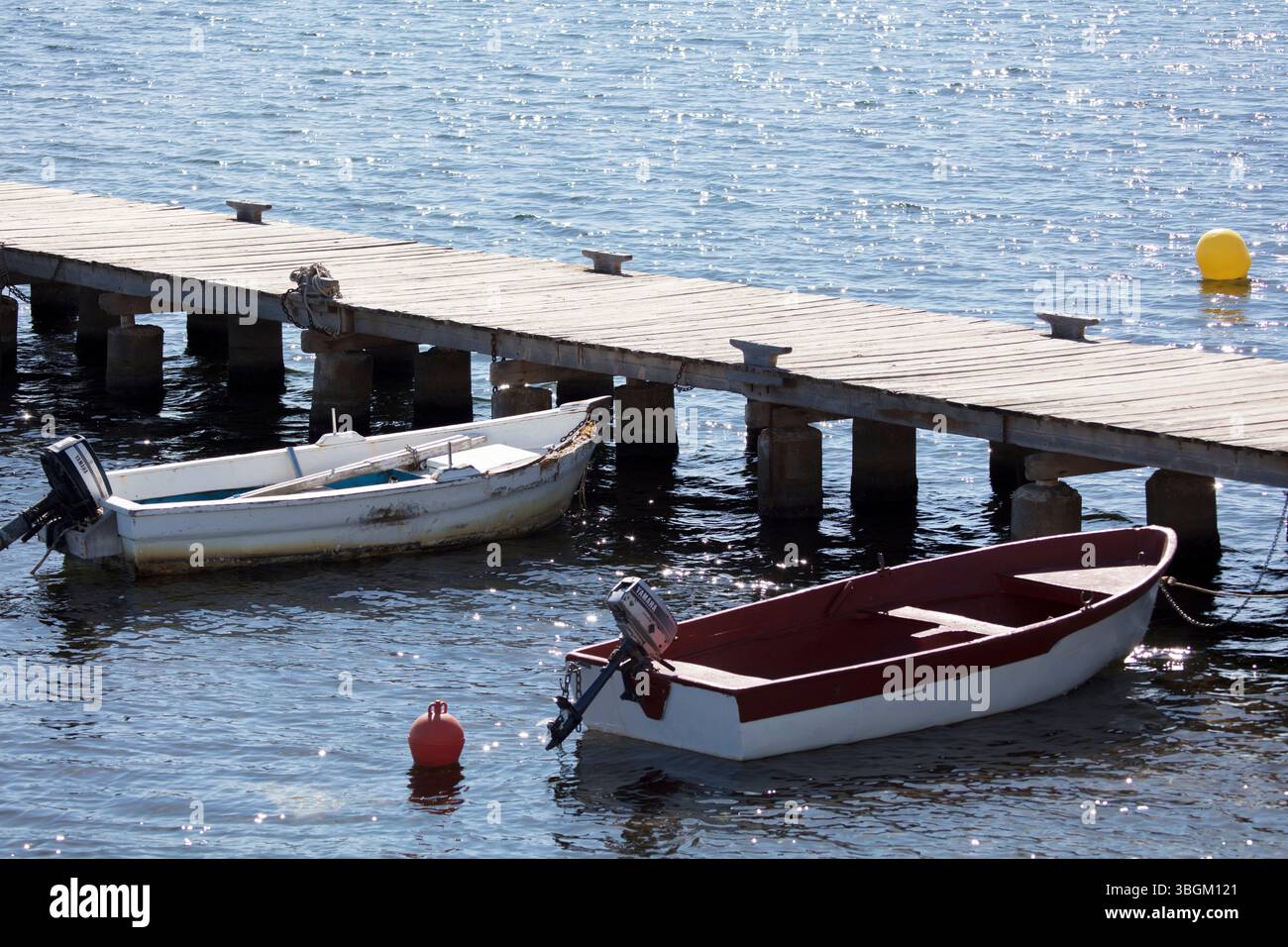 Playa Barnuevo, molo, barche, IDLE, Santiago de la Ribera, Mar Menor, regione autonoma di Murcia, Spagna, Foto Stock