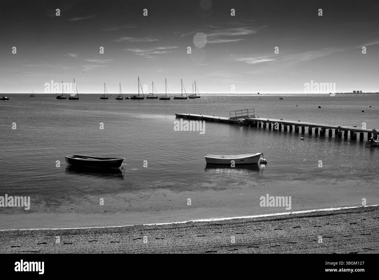 Playa Barnuevo, molo, barche, IDLE, Santiago de la Ribera, Mar Menor, regione autonoma di Murcia, Spagna, Foto Stock