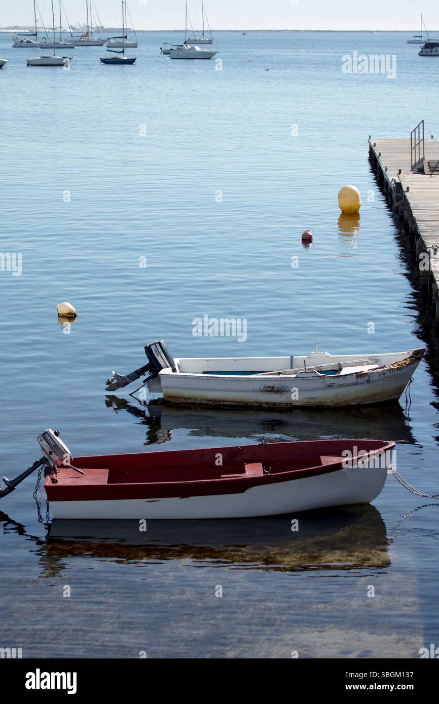 Playa Barnuevo, molo, barche, IDLE, Santiago de la Ribera, Mar Menor, regione autonoma di Murcia, Spagna, Foto Stock