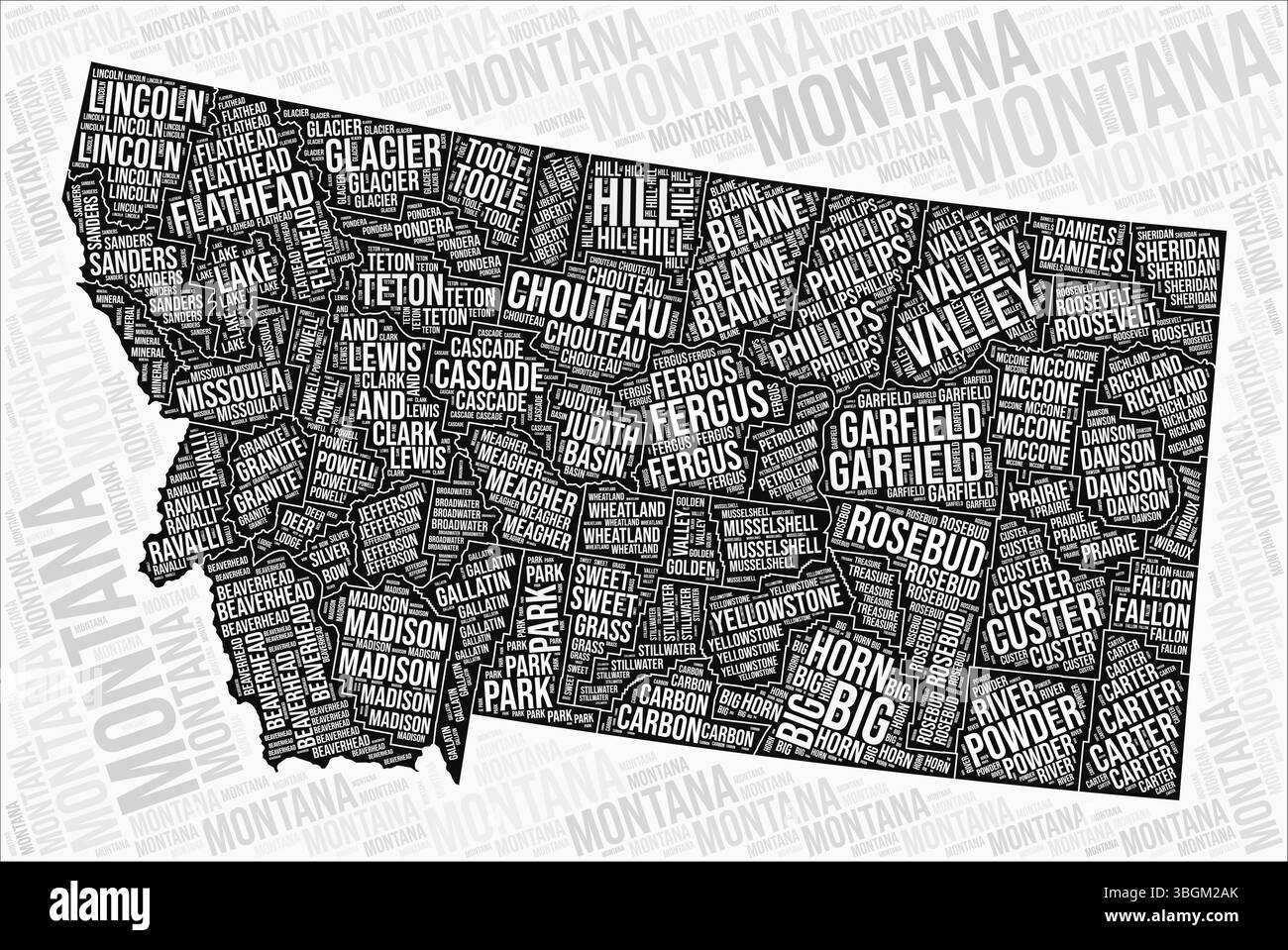 Le contee del Montana mappano le nuvole di parole. Nomi delle regioni del Montana. Design della mappa in bianco e nero. Incredibile illustrazione vettoriale. Illustrazione Vettoriale