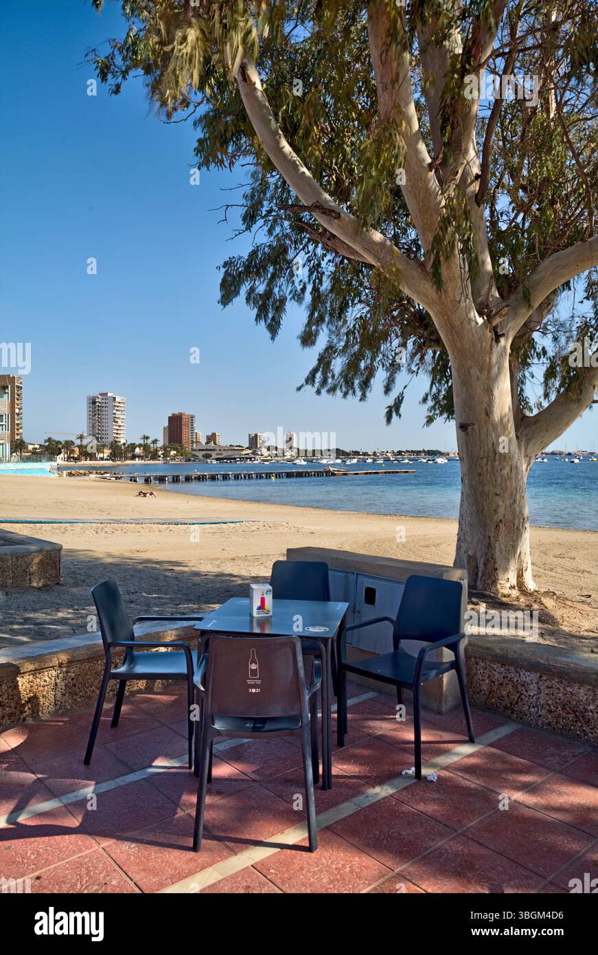 Playa Barnuevo, caffetteria, Spiaggia, Paseo Maritimo, architettura, Santiago de Ribera, Mar Menor, Comunità autonoma di Murcia, Spagna, Foto Stock