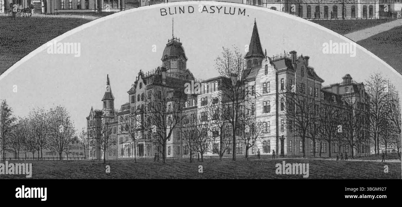 Il Blind Asylum, noto anche come Ohio Institution for the Education of the Blind, fu fondato nel 1874 e operò fino al 1953. Forniva istruzione e servizi a persone con disabilità visive ed era una parte significativa dei servizi sociali storici dell'Ohio. L'edificio è stato abbandonato nel 1998 e in seguito è diventato la sede della Divisione di statistica vitale del Columbus Health Department nel 2001. Foto Stock