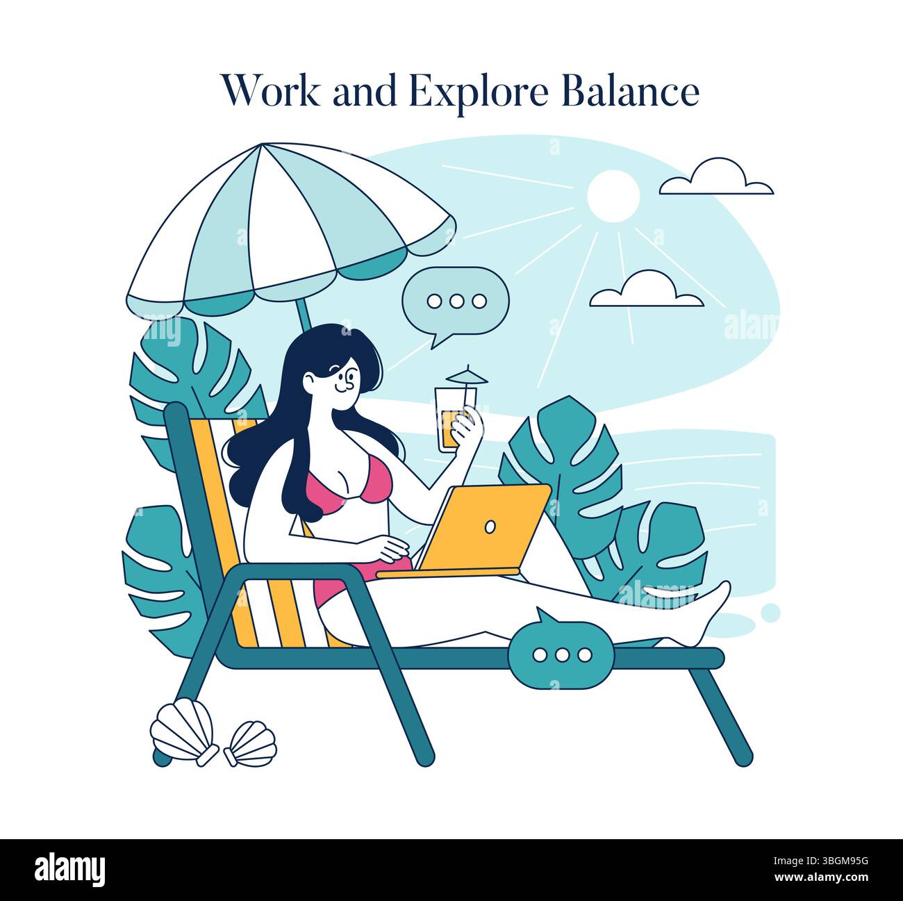 Concetto di equilibrio tra viaggi d'affari e lavoro remoto. Un individuo rilassato lavora su un computer portatile mentre si gode un ambiente tropicale, mostrando la miscela di lavoro e svago in mezzo alla natura. Illustrazione Vettoriale