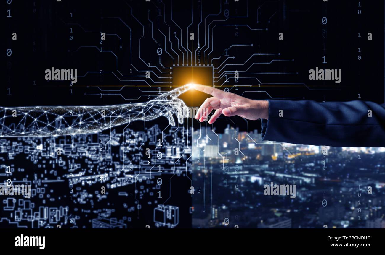 Concetto di gemelli digitali. Il dito di un uomo tocca un dito digitale, collegando il mondo fisico e digitale per i modelli di simulazione aziendale e tecnologica Foto Stock
