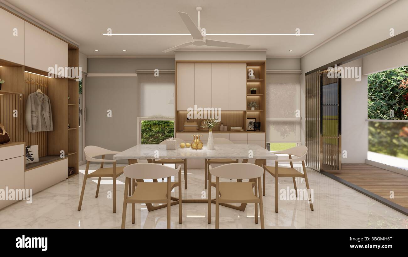 Moderna sala da pranzo minimalista con toni neutri e luce naturale Foto Stock